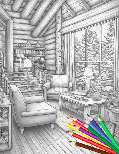 Cozy Cabin Interior Grayscale Coloring Pages Printable for Adults, PDF File Instant Download