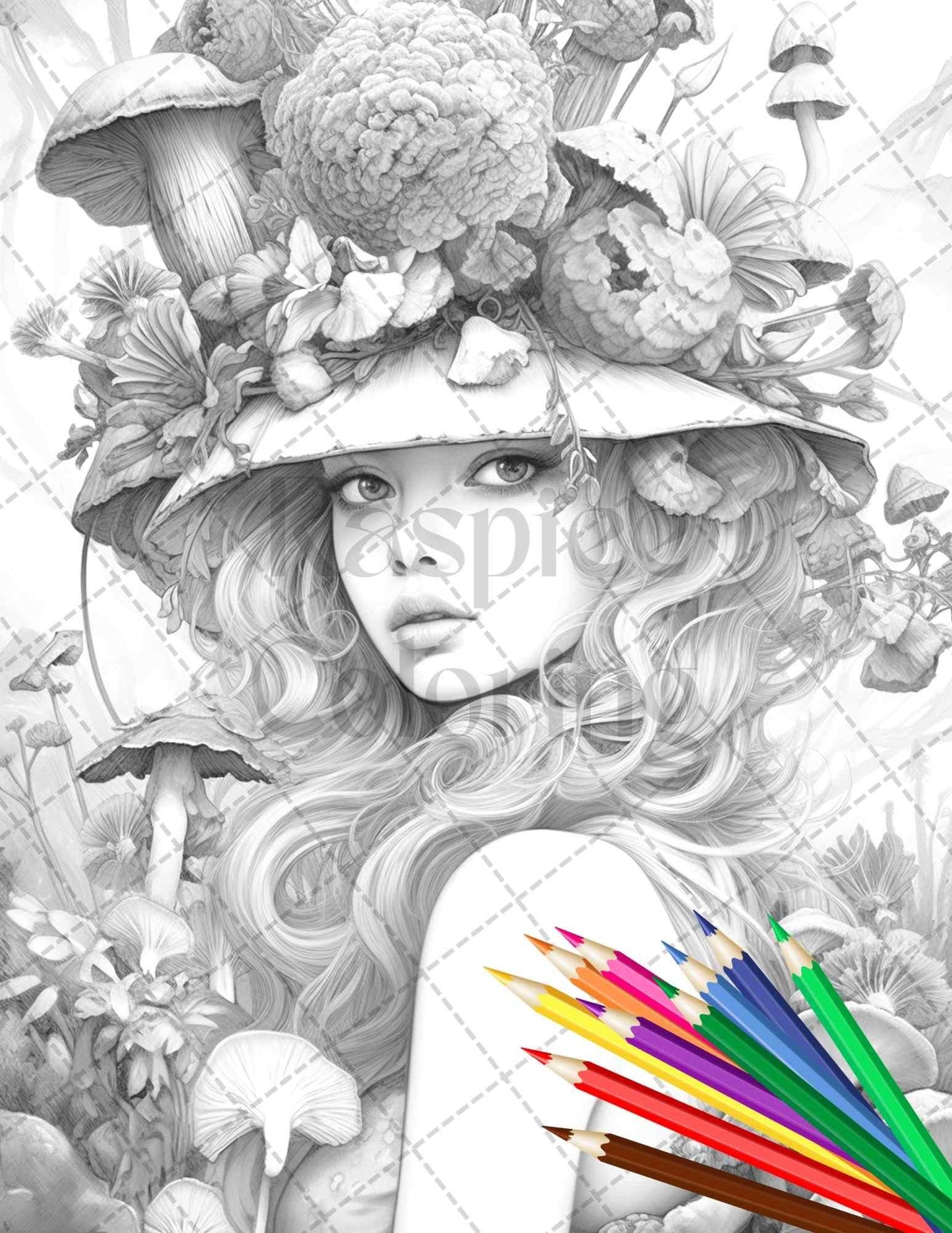50 Mushroom Fairy Grayscale Coloring Pages Printable for Adults, PDF File Instant Download