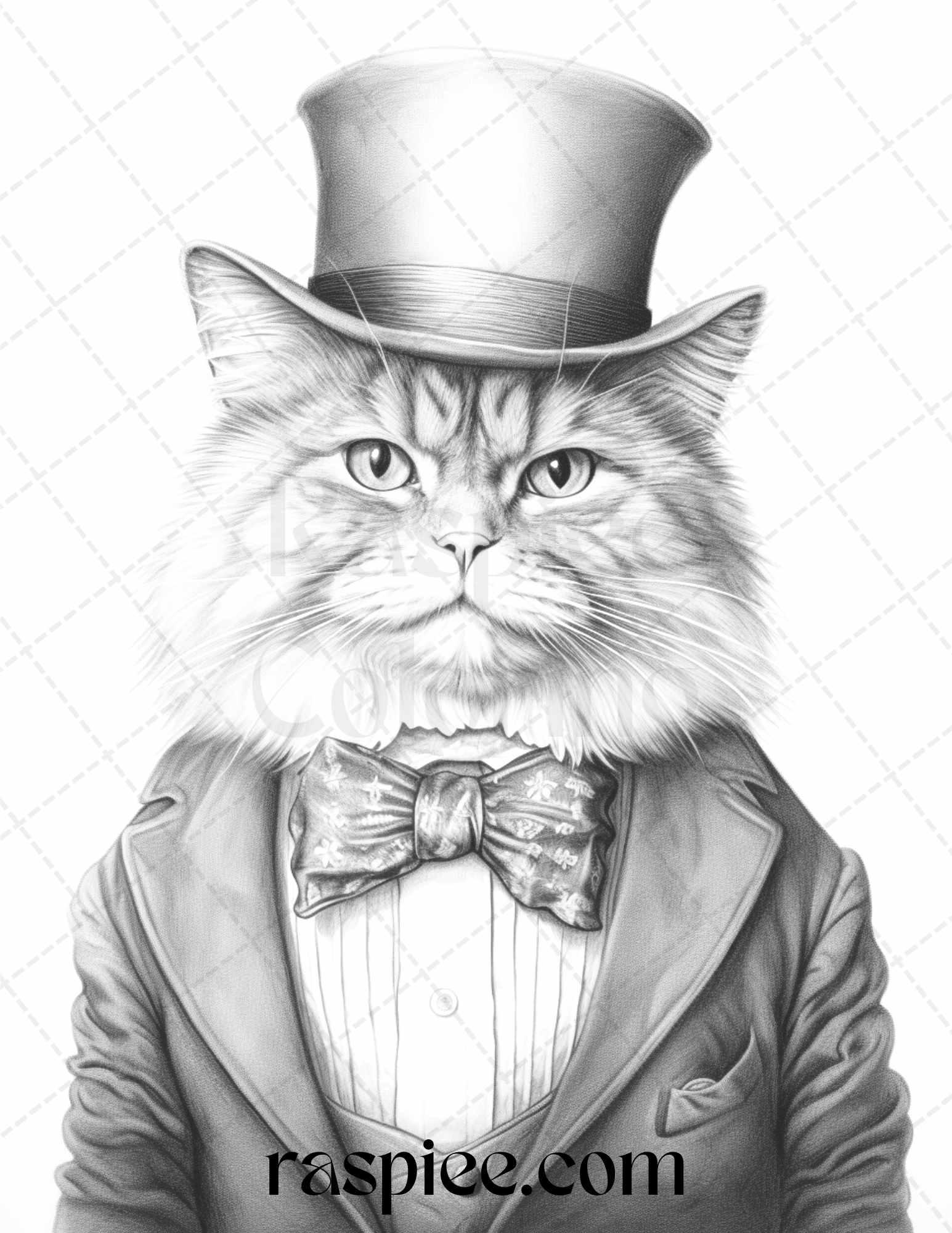 Gentleman Cat Grayscale Coloring Pages Printable for Adults Kids, PDF File Instant Download
