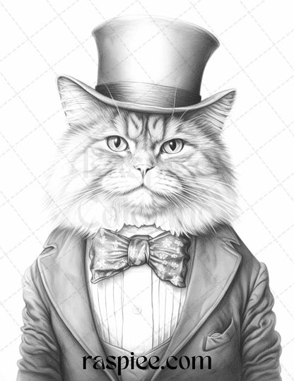 Gentleman Cat Grayscale Coloring Pages Printable for Adults Kids, PDF File Instant Download