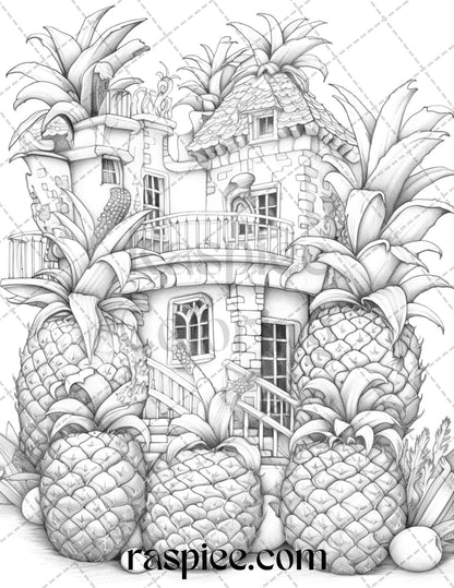 50 Pineapple Houses Grayscale Coloring Pages Printable for Adults, PDF File Instant Download