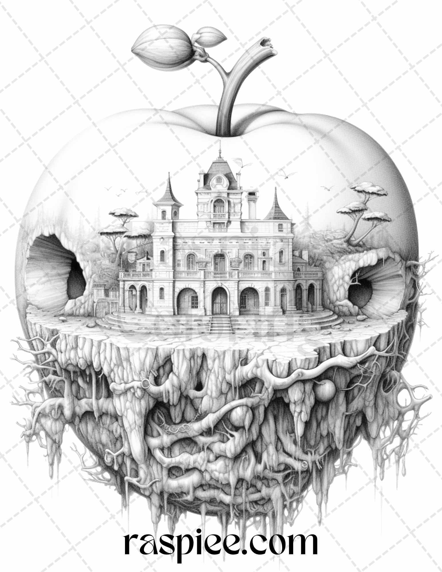 60 Miniworld in the Apple Grayscale Coloring Pages Printable for Adults, PDF File Instant Download
