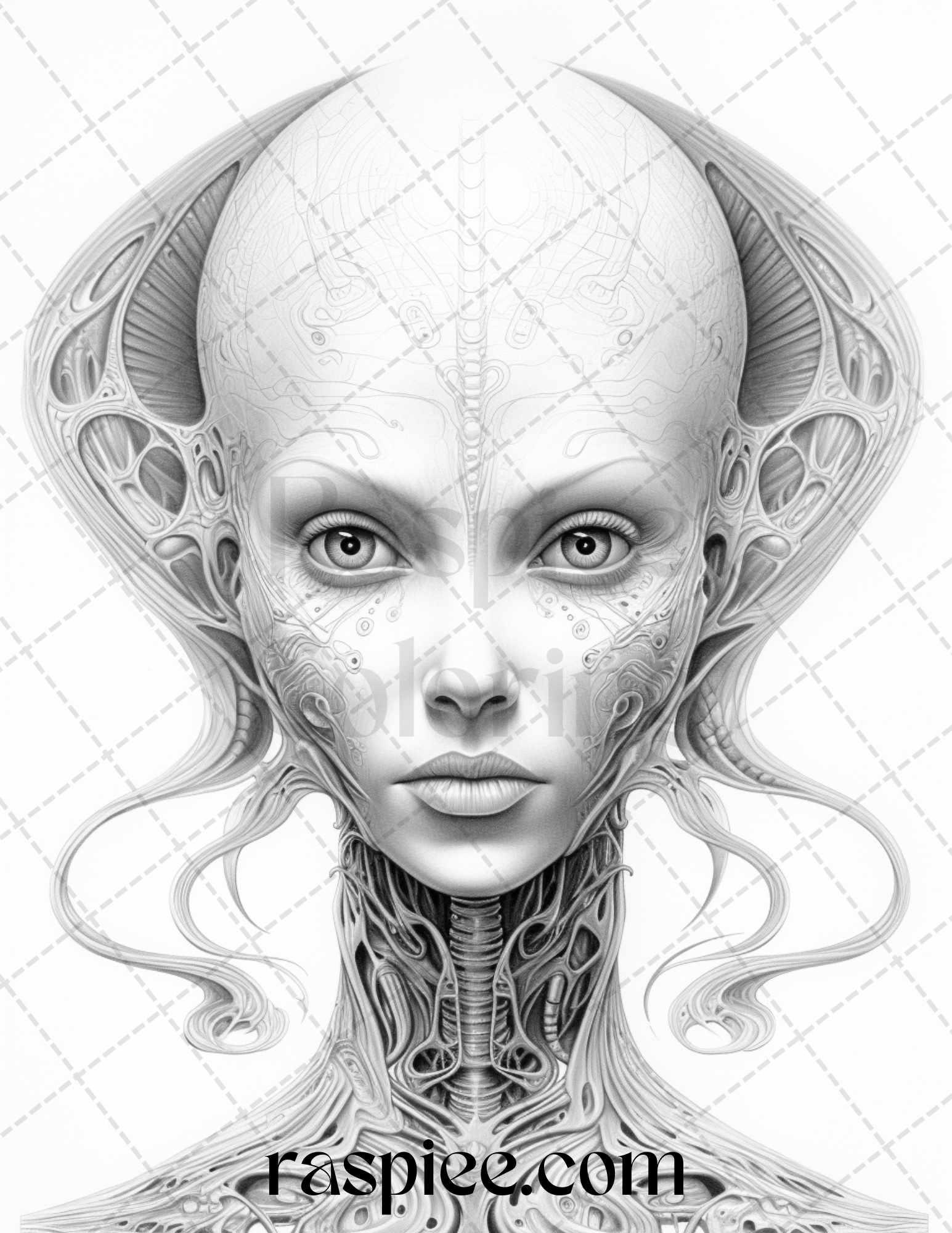 65 Alien Portrait Grayscale Coloring Pages for Adults, Printable PDF File Instant Download