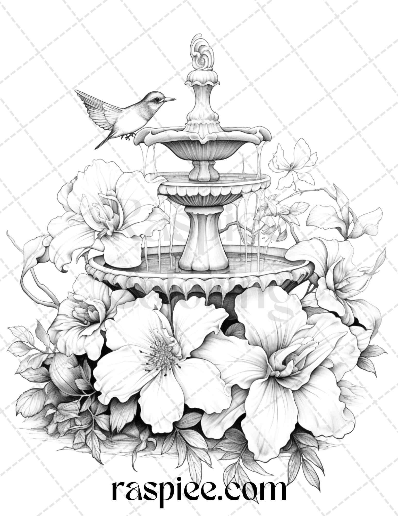 32 Blooming Fountains Grayscale Coloring Pages Printable for Adults, PDF File Instant Download
