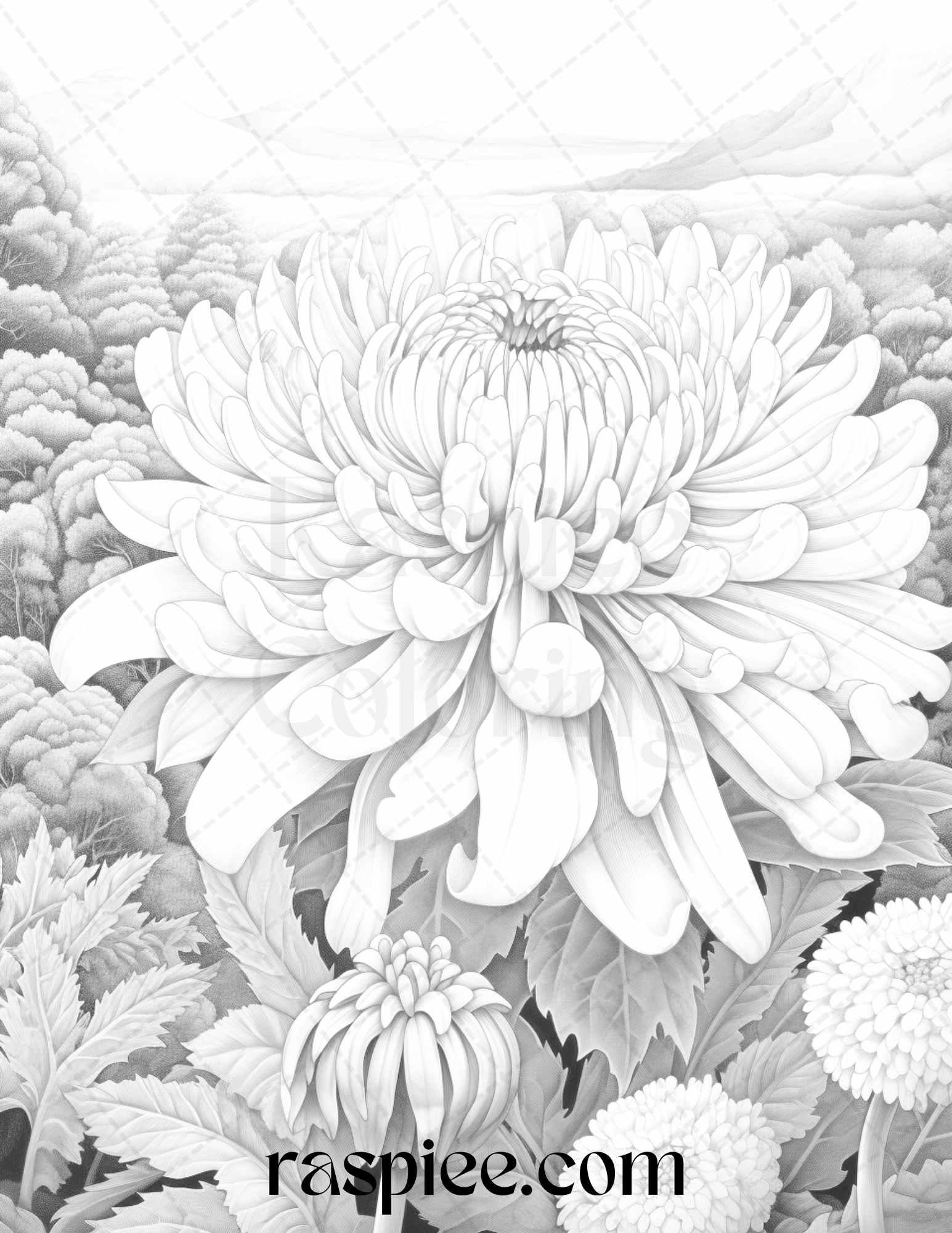 60 Mountain Flower Landscapes Grayscale Coloring Pages Printable for Adults, PDF File Instant Download
