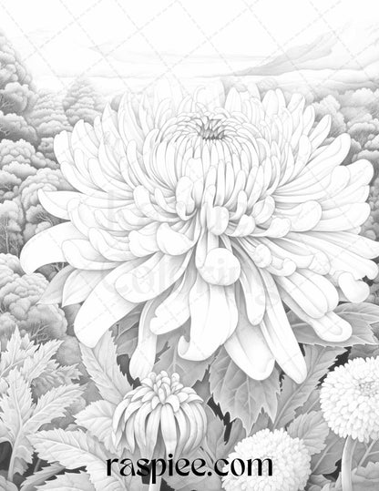 60 Mountain Flower Landscapes Grayscale Coloring Pages Printable for Adults, PDF File Instant Download