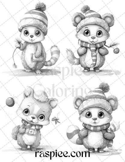 70 Christmas Critters Grayscale Coloring Pages Printable for Adults and Kids, PDF File Instant Download