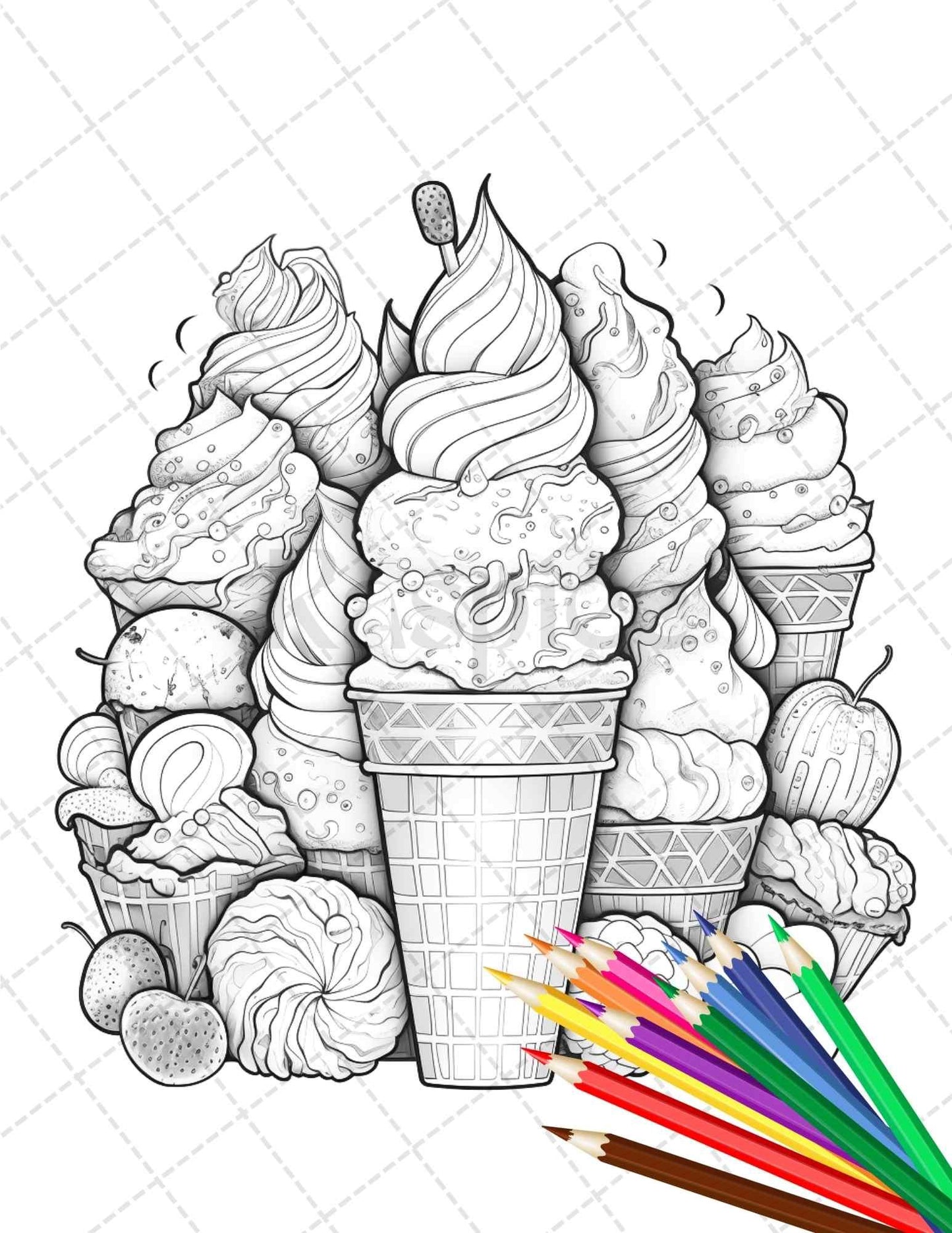 52 Printable Ice Cream Desserts Coloring Pages for Adults and Kids, Grayscale Coloring Page, PDF File Instant Download