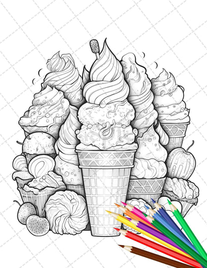 52 Printable Ice Cream Desserts Coloring Pages for Adults and Kids, Grayscale Coloring Page, PDF File Instant Download