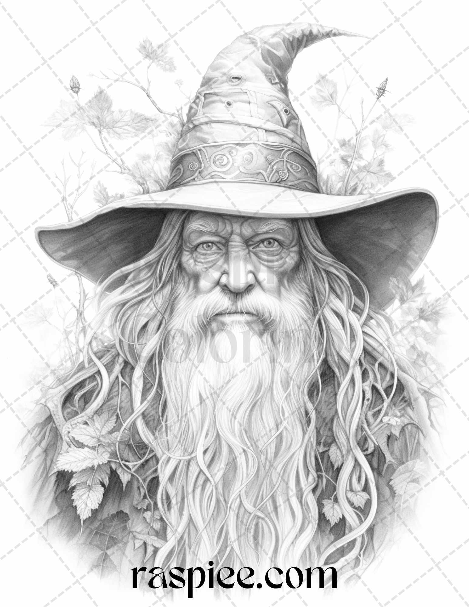 50 Magical Wizard Grayscale Coloring Pages for Adults, Printable PDF File Instant Download