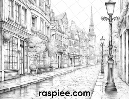60 Spring Rainy Day Landscapes Grayscale Adult Coloring Pages, Printable PDF Instant Download
