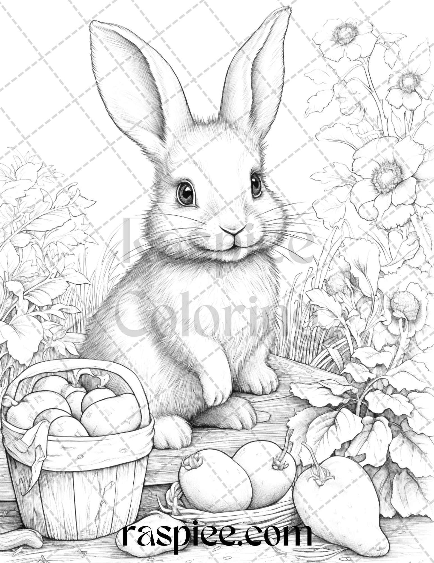 50 Rabbit Garden Grayscale Coloring Pages Printable for Adults, PDF File Instant Download
