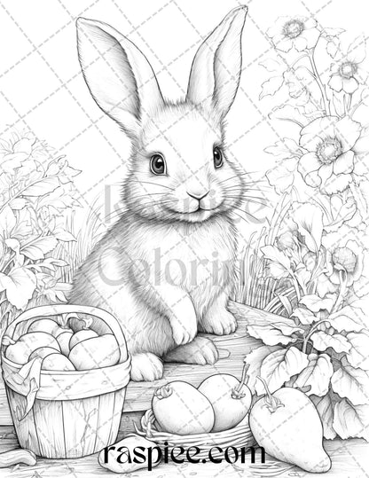 50 Rabbit Garden Grayscale Coloring Pages Printable for Adults, PDF File Instant Download