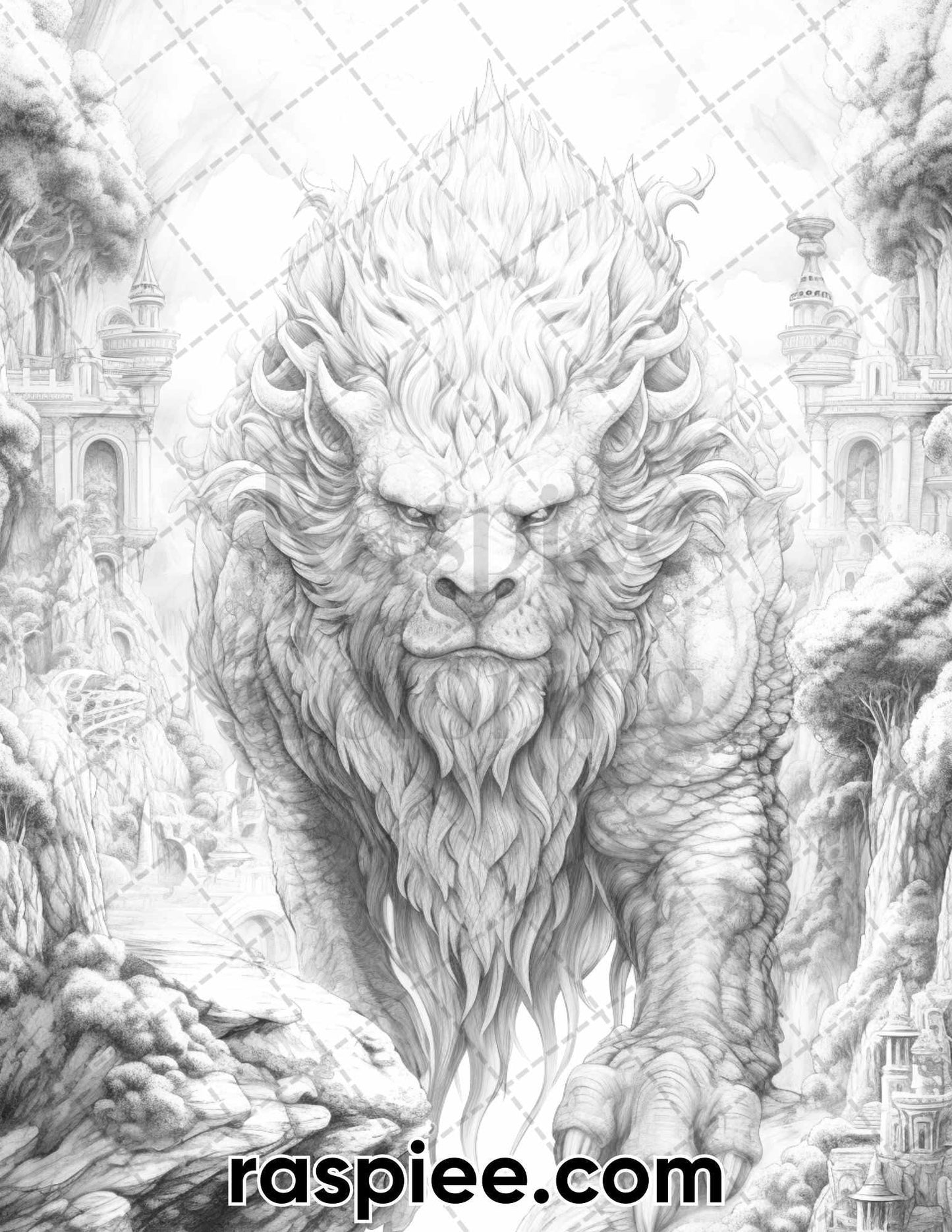 60 Mythical Creatures Grayscale Coloring Pages for Adults, Printable PDF Instant Download
