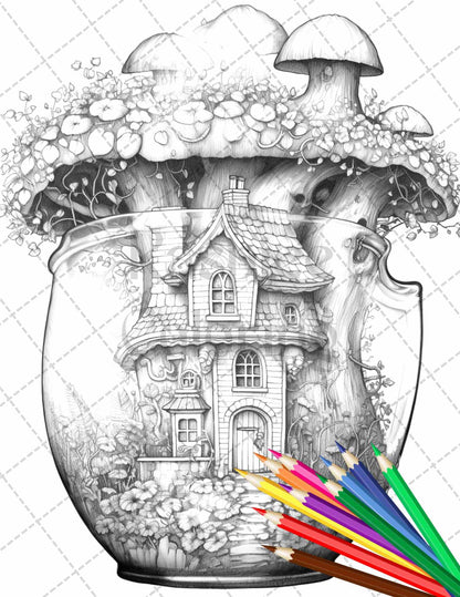 Fairy House in Jar Grayscale Coloring Pages Printable for Adults, PDF File Instant Download