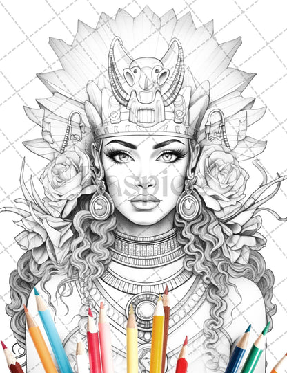 35 Ancient Egyptian Queens Coloring Book Printable for Adults, Grayscale Coloring Page, PDF File Instant Download