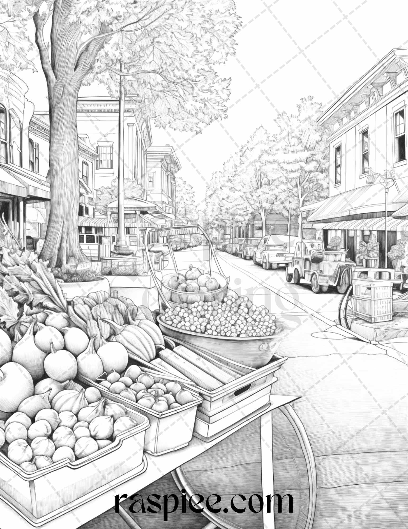 Autumn Street Markets Grayscale Coloring Pages for Adults, Printable PDF File Instant Download