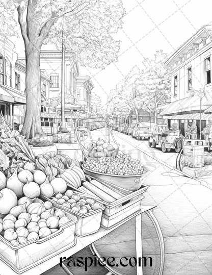 Autumn Street Markets Grayscale Coloring Pages for Adults, Printable PDF File Instant Download