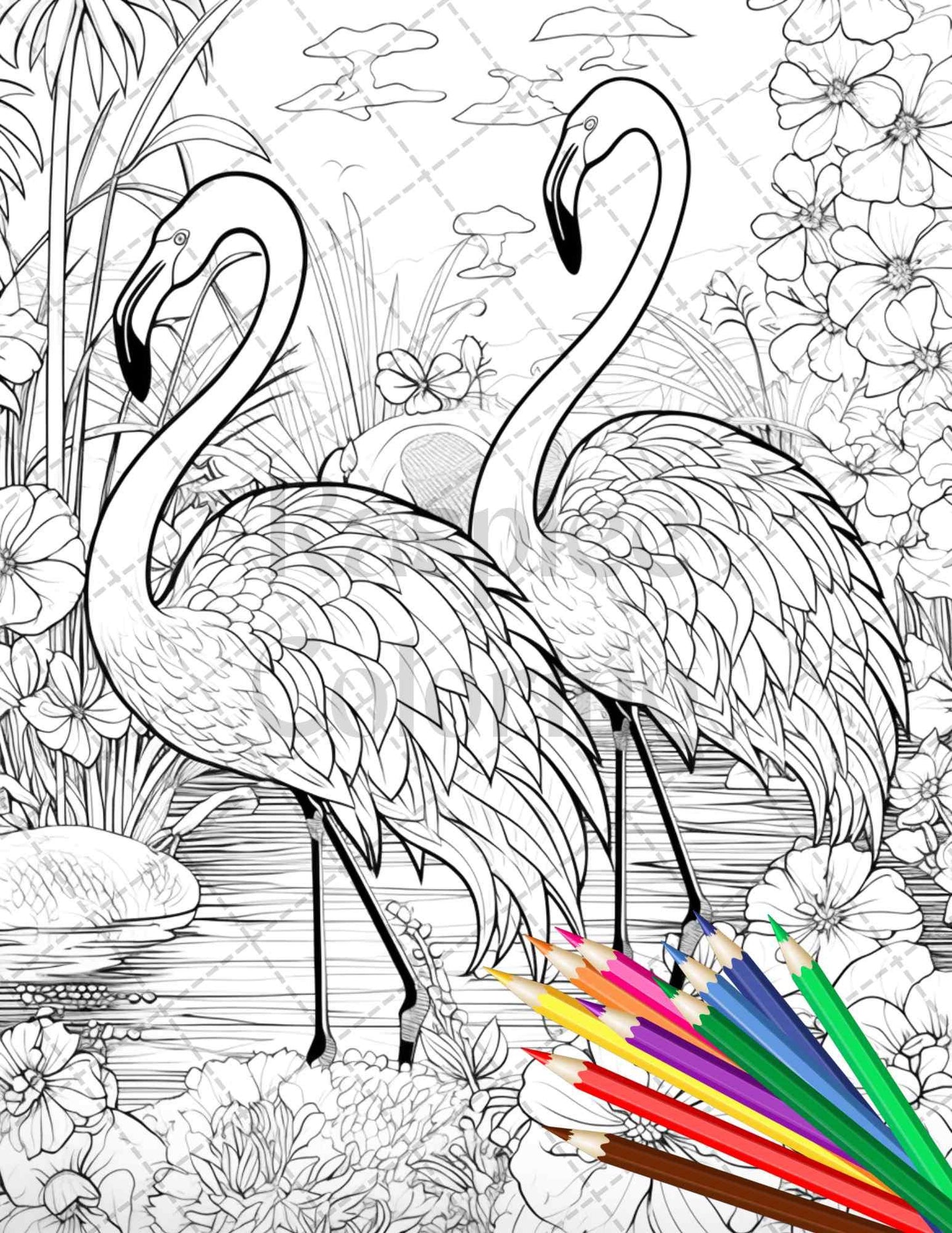 Flamingo Oasis Grayscale Coloring Pages Printable for Adults, PDF File Instant Download
