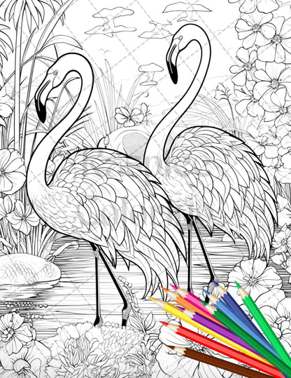 Flamingo Oasis Grayscale Coloring Pages Printable for Adults, PDF File Instant Download