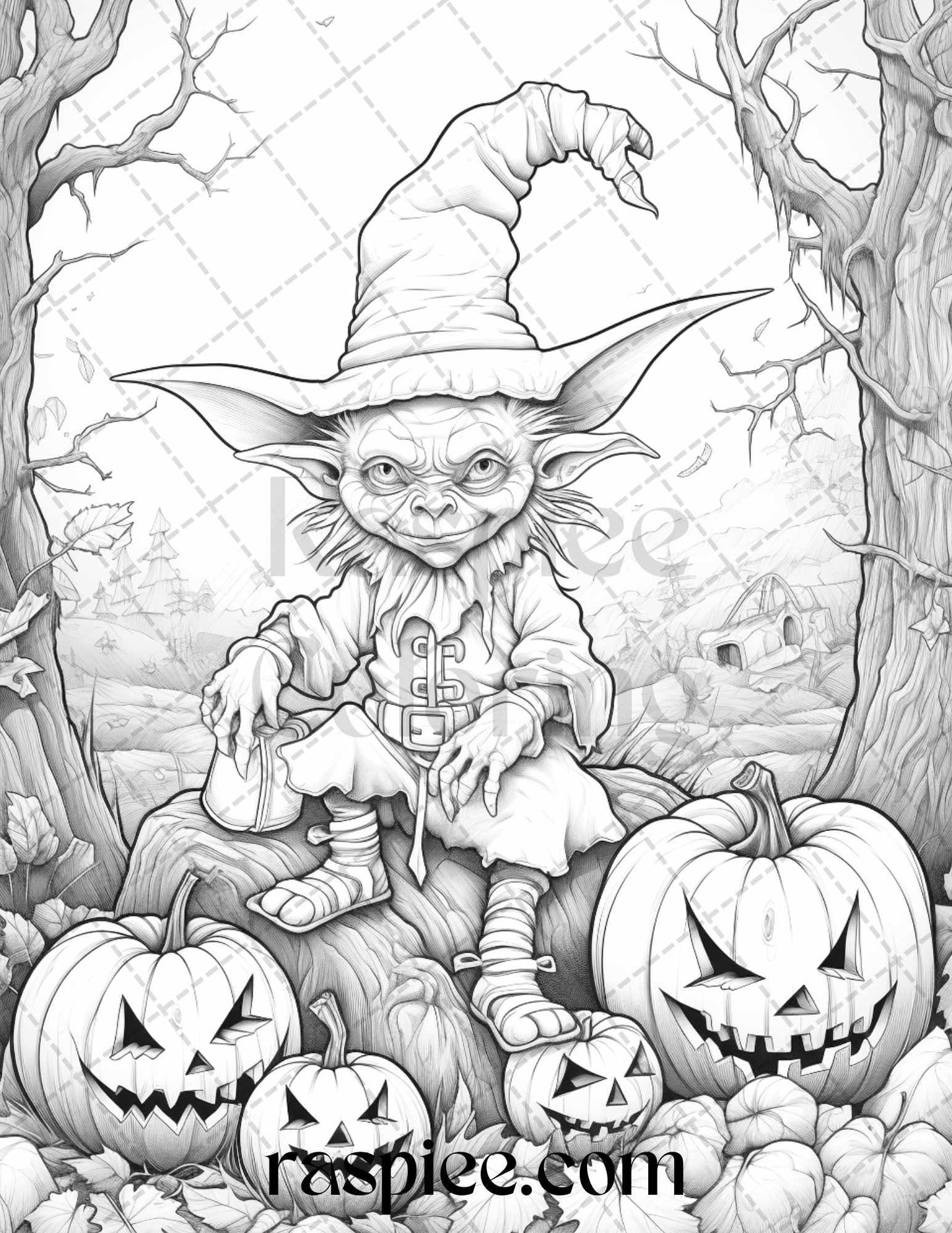 50 Halloween Goblin Grayscale Coloring Pages Printable for Adults, PDF File Instant Download
