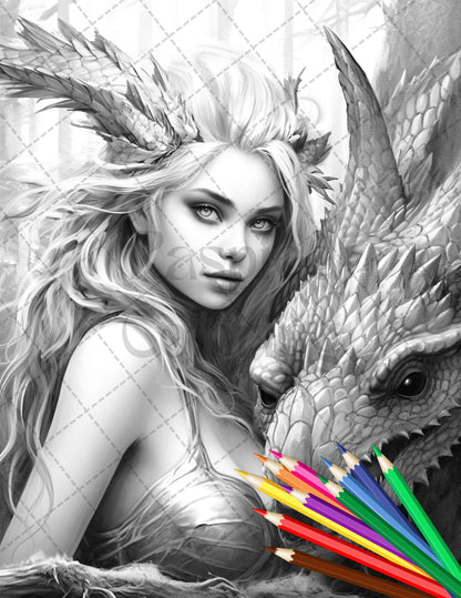 Enchanted Dragon Queens Grayscale Coloring Pages Printable for Adults, PDF File Instant Download