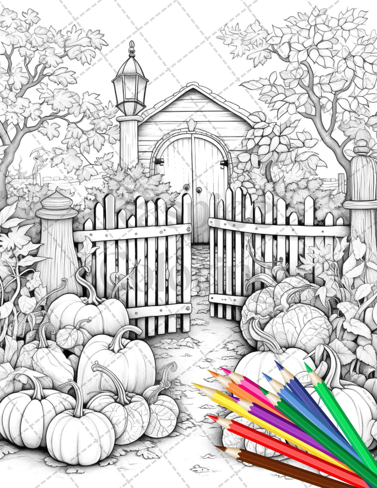 Pumpkin Garden Scenery Grayscale Coloring Pages Printable for Adults, PDF File Instant Download