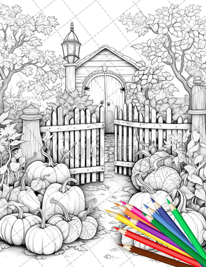 Pumpkin Garden Scenery Grayscale Coloring Pages Printable for Adults, PDF File Instant Download