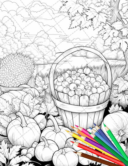 Autumn Harvest Grayscale Coloring Pages Printable for Adults, Relaxing Fall Themed Art, PDF File Instant Download