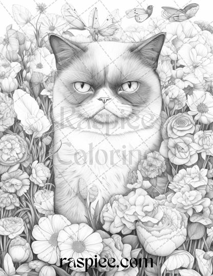 50 Grumpy Cat Grayscale Coloring Pages Printable for Adults, PDF File Instant Download