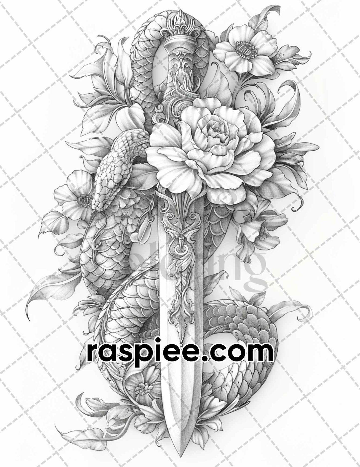 66 Intricate Gothic Tattoos Grayscale Adult Coloring Pages, Printable PDF Instant Download