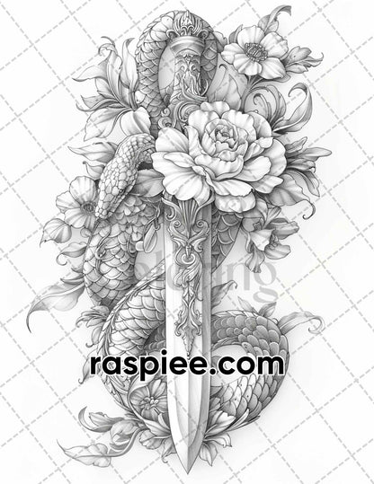 66 Intricate Gothic Tattoos Grayscale Adult Coloring Pages, Printable PDF Instant Download