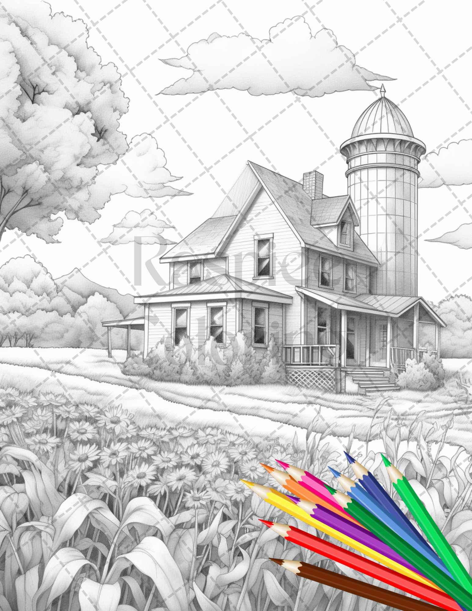 Charming Farmhouse Scenery Grayscale Coloring Pages Printable for Adults, PDF File Instant Download
