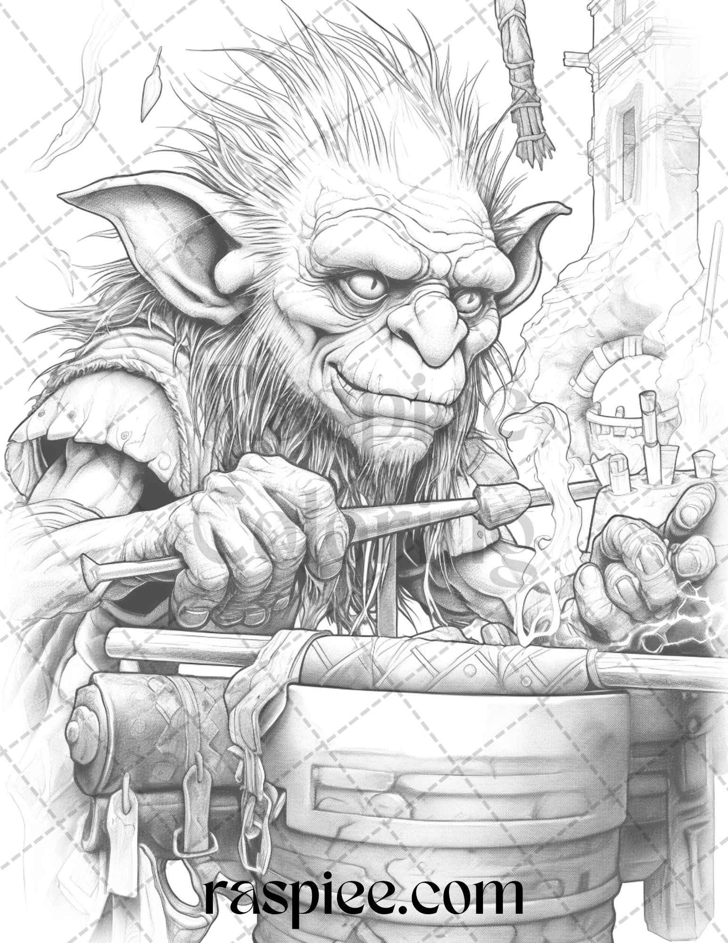 Fantasy Goblins Grayscale Coloring Pages Printable for Adults, PDF File Instant Download