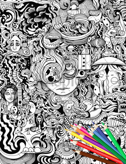 Psychedelic Trippy Coloring Book Printable for Adults, Grayscale Coloring Page, PDF File Instant Download