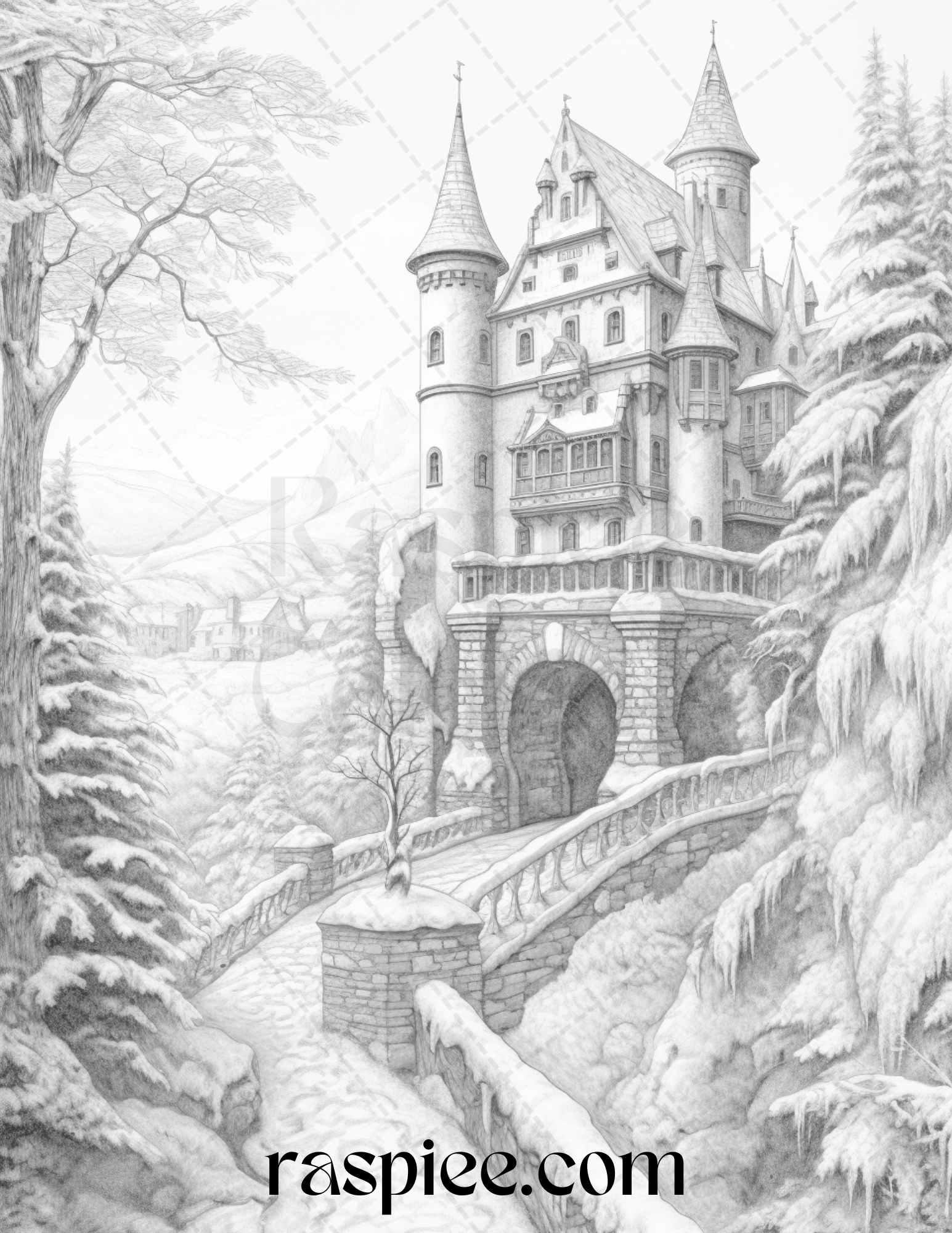 Winter Scenery Grayscale Coloring Pages Printable, Relaxing Snowy Landscapes, PDF File Instant Download