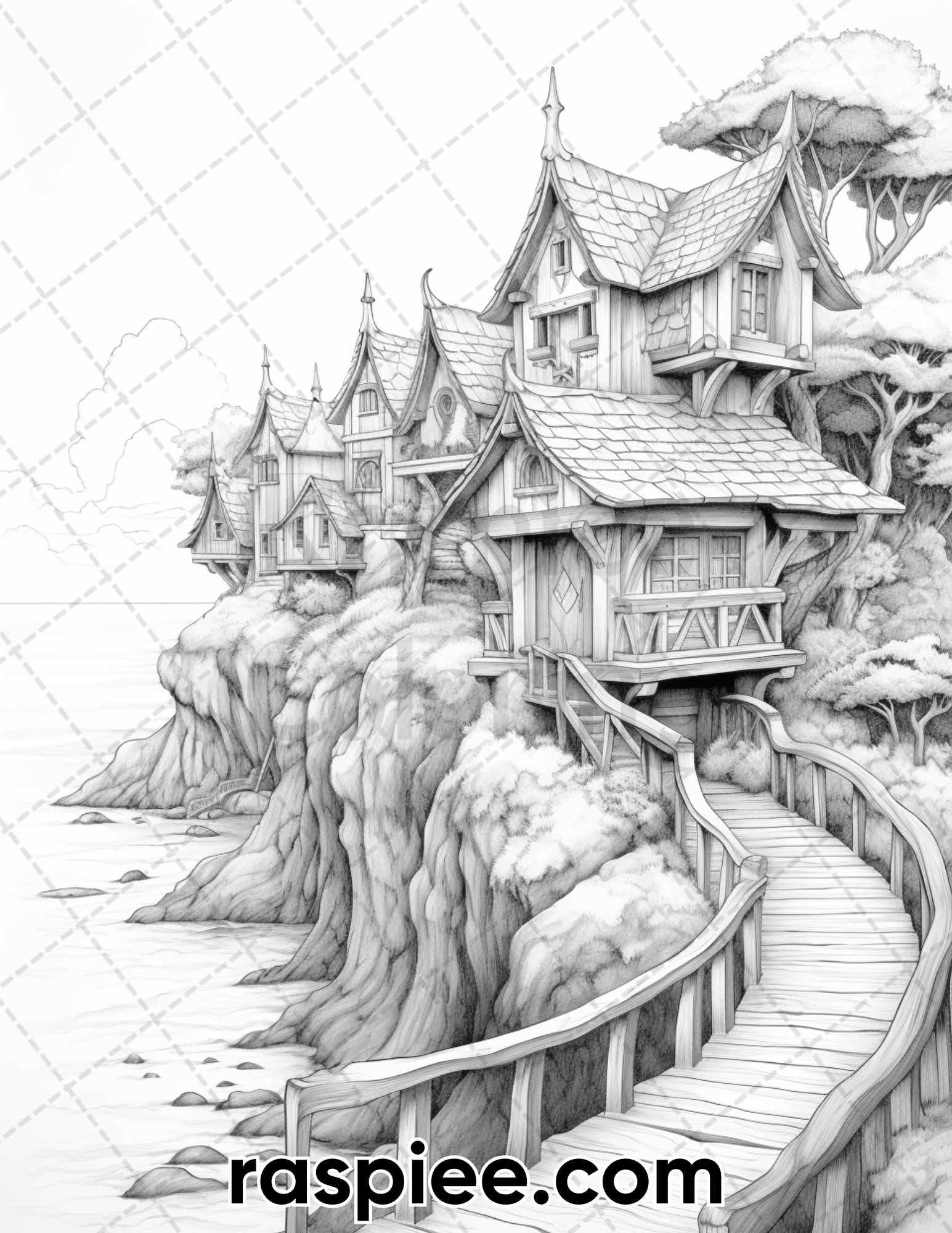 50 Fairy Beach Houses Grayscale Coloring Pages for Adults, Printable PDF Instant Download