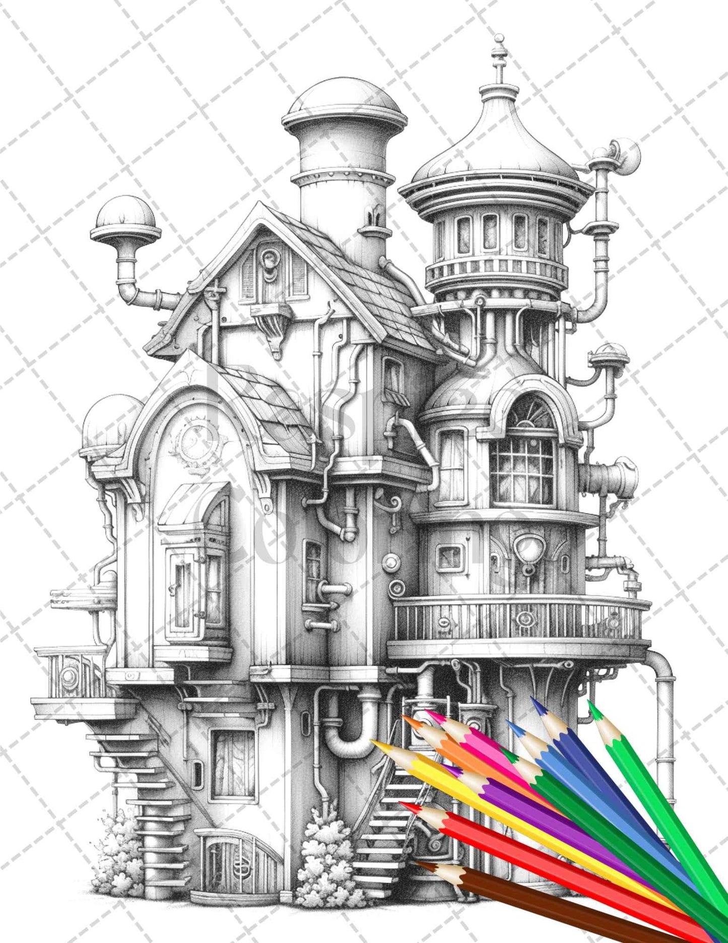 50 Steampunk Houses Grayscale Coloring Pages Printable for Adults, PDF File Instant Download