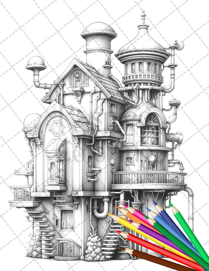 50 Steampunk Houses Grayscale Coloring Pages Printable for Adults, PDF File Instant Download