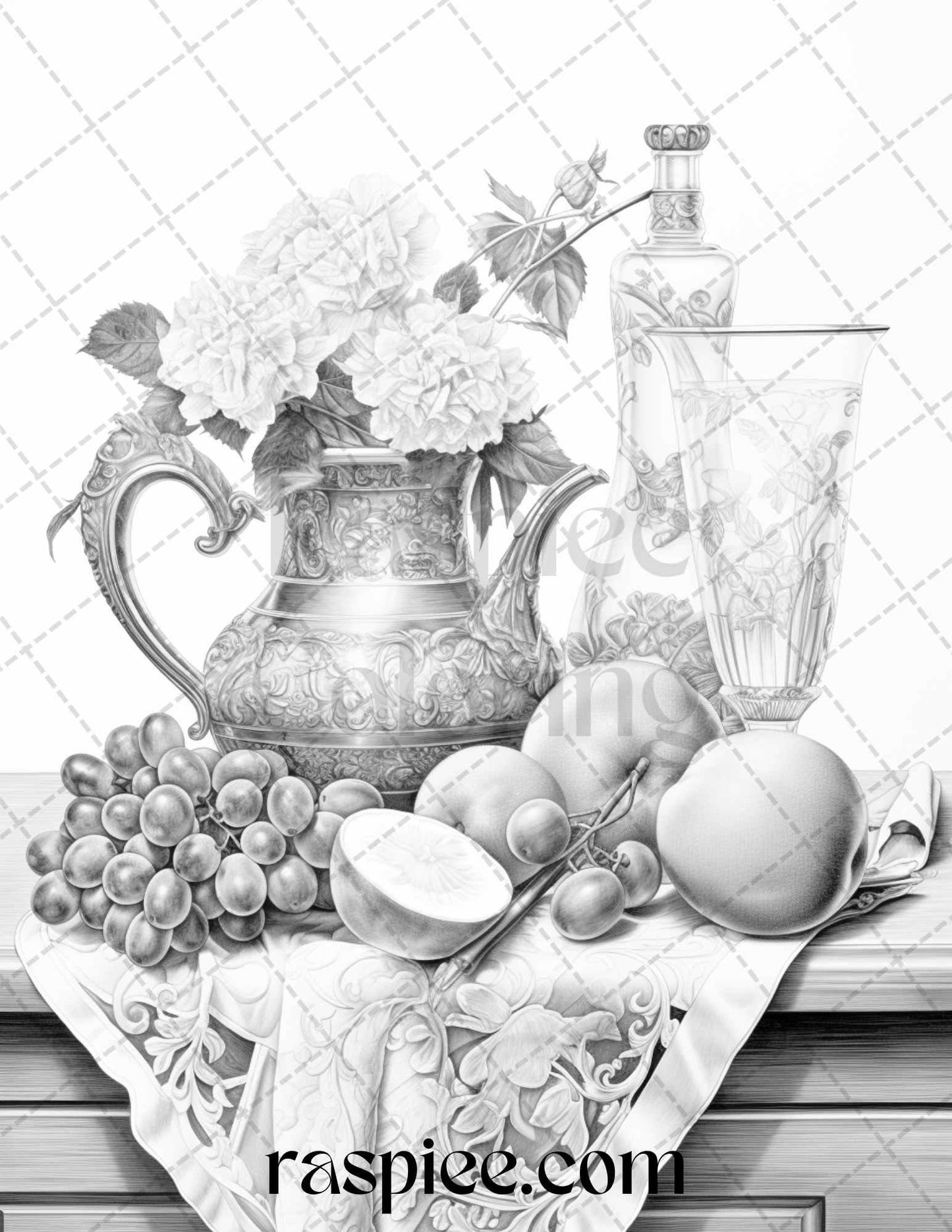 52 Still Life Grayscale Coloring Pages Printable for Adults, PDF File Instant Download