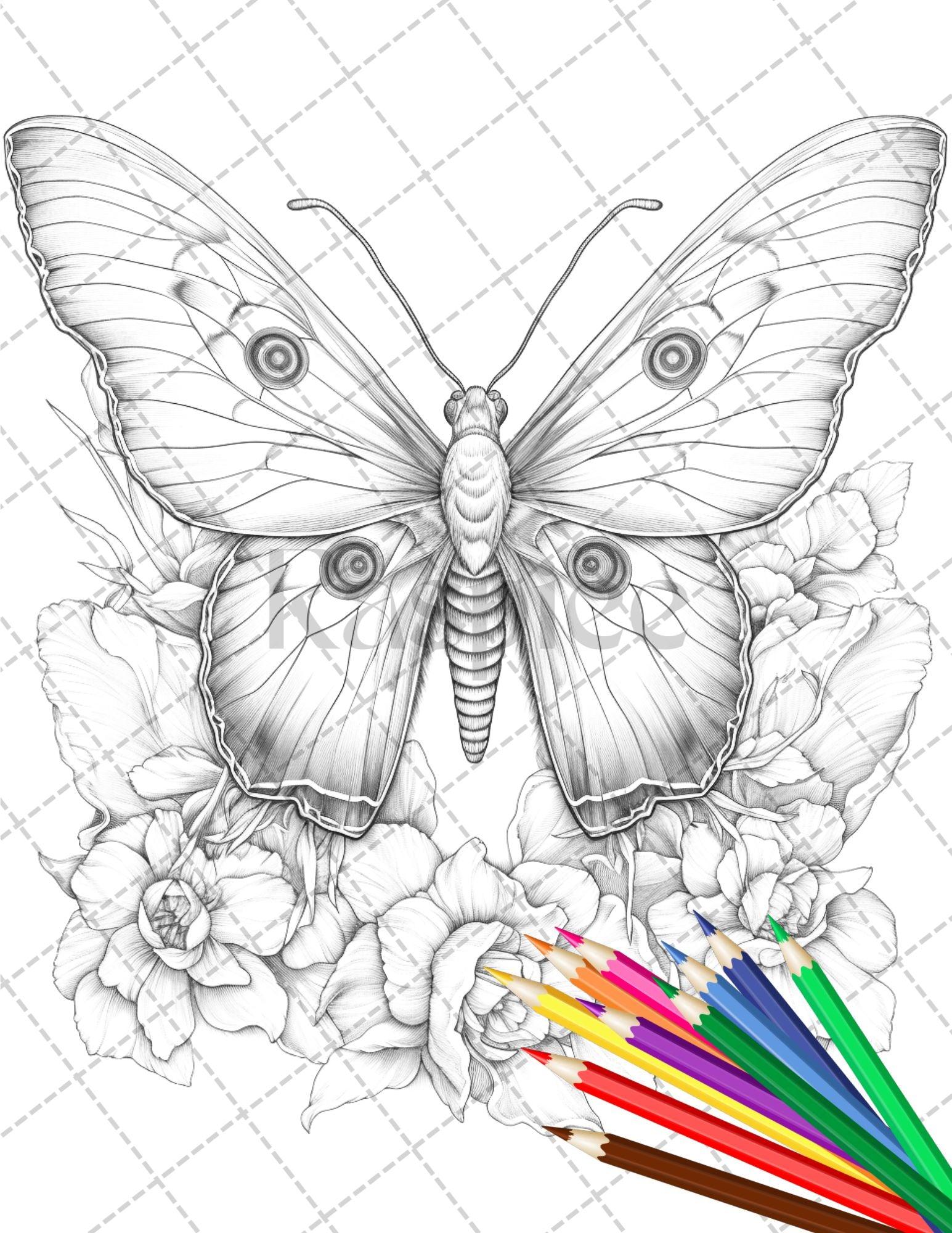 32 Beautiful Moths and Floral Coloring Book for Adults, Grayscale Coloring Page, Printable PDF Instant Download