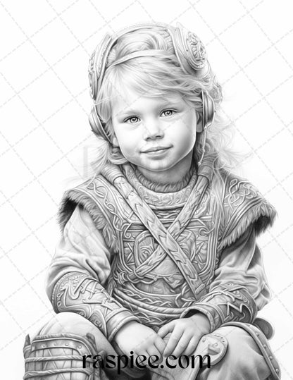 58 Little Viking Girls Boys Portrait Grayscale Coloring Pages Printable, PDF File Instant Download