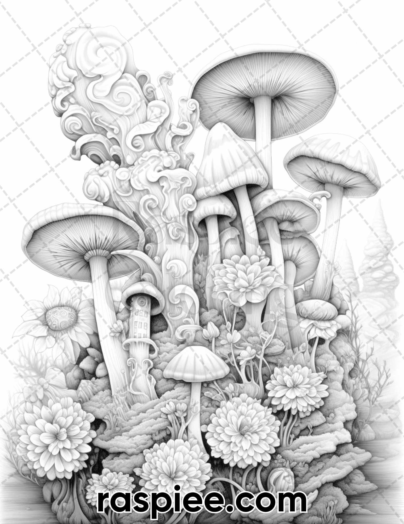 55 Fantasy Flowers Grayscale Coloring Pages for Adults, Printable PDF File Instant Download