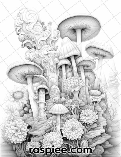55 Fantasy Flowers Grayscale Coloring Pages for Adults, Printable PDF File Instant Download