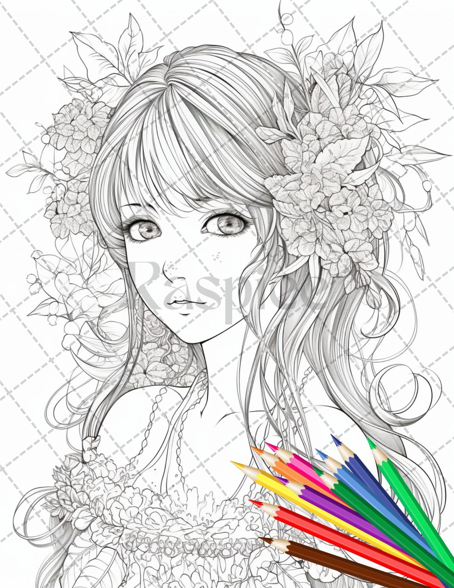 32 Anime Fairy Girl Printable Coloring Pages for Adults, Cute Fairy Grayscale Coloring Book, Printable PDF File Download