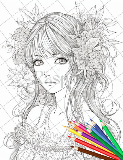 32 Anime Fairy Girl Printable Coloring Pages for Adults, Cute Fairy Grayscale Coloring Book, Printable PDF File Download