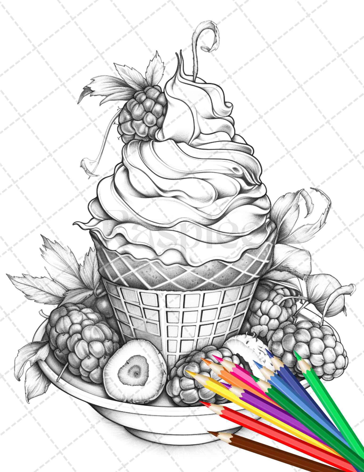 36 Sweet Desserts Coloring Pages Printable for Adults, Grayscale Coloring Page, PDF File Instant Download