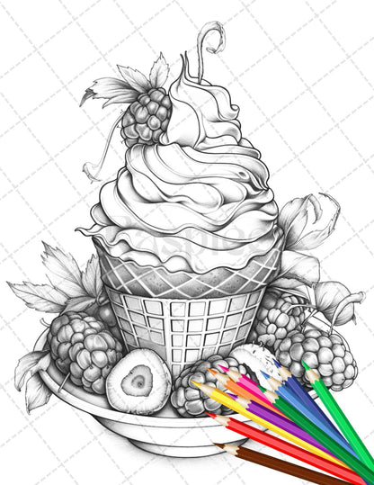 36 Sweet Desserts Coloring Pages Printable for Adults, Grayscale Coloring Page, PDF File Instant Download