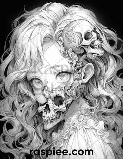 60 Horror Beauties Grayscale Coloring Pages Printable for Adults, PDF File Instant Download