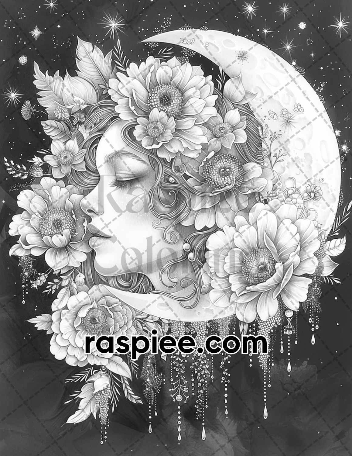 60 Boho Moon Floral Grayscale Adult Coloring Pages Printable PDF Instant Download